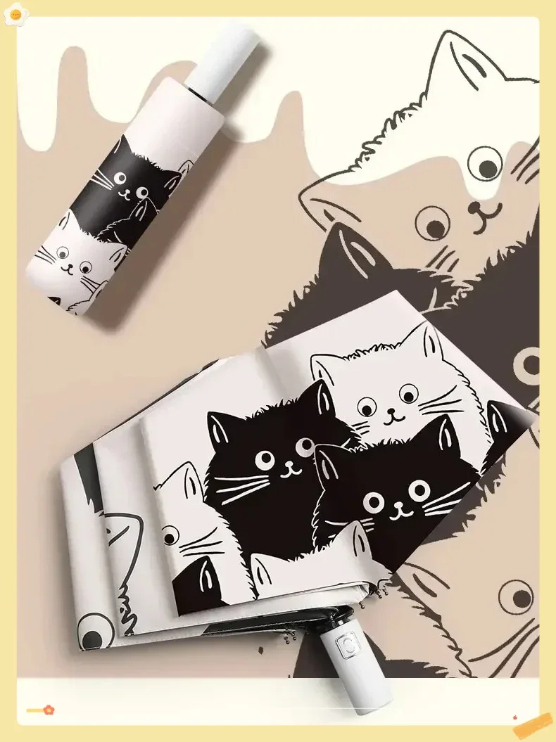Einfacher schwarz-weißer Regenschirm mit Cartoon-Kätzchen-Aufdruck, sonniger und regnerischer UV-Schutz-Regenschirm mit doppeltem Verwendungszweck