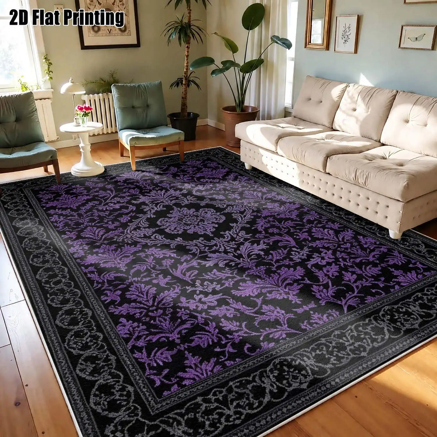 1Pc 2D Printed Purple Floral Carpet, Vintage/European/Bohemian Style, Multi-Size Machine Washable Home Decor for Entryway, Dining Room, Bedroom, Living Room