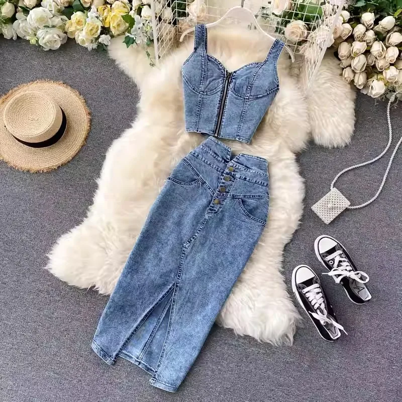 Modisches Skinny High-Waist Ärmelloses Crop-Top 2-Teiliges Jeansrock-Set Damen 2026 Sommer Streetwear Zweiteiler – Detail 3