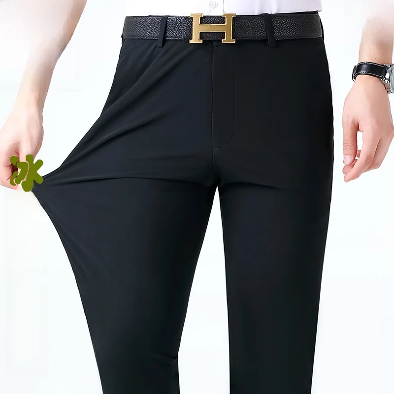 

Летние тонкие эластичные брюки прямого кроя для мужчин среднего возраста, не мнущиеся, из ледяного шелка, без глажки, для повседневной носки