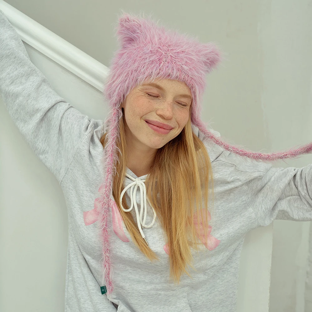 Homemade Cat Ear Hat Knitted Beanies Cap For Winter Hairy Knitted Hat Cute Design for Soft Ear Protection Knitted Hat Cold Hats