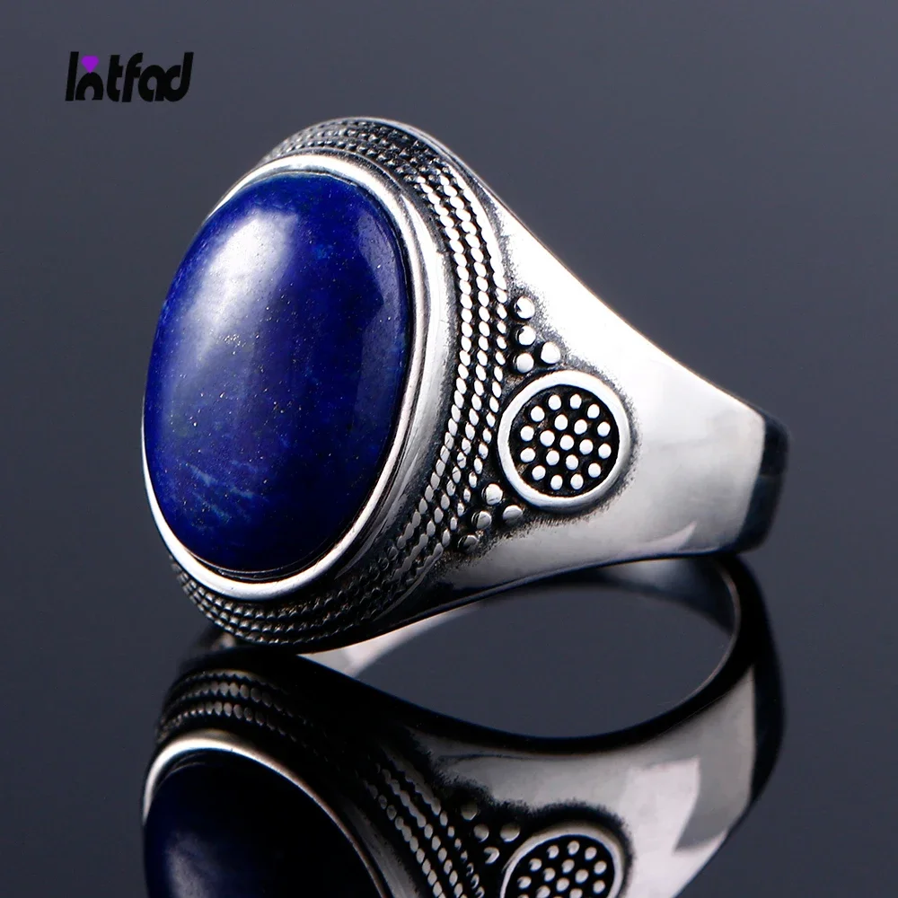 

Sterling Silver 925 Ring Natural Big Oval Lapis Rings for Men Women Retro Luxury Fine Jewelry Party Anniversary Gift