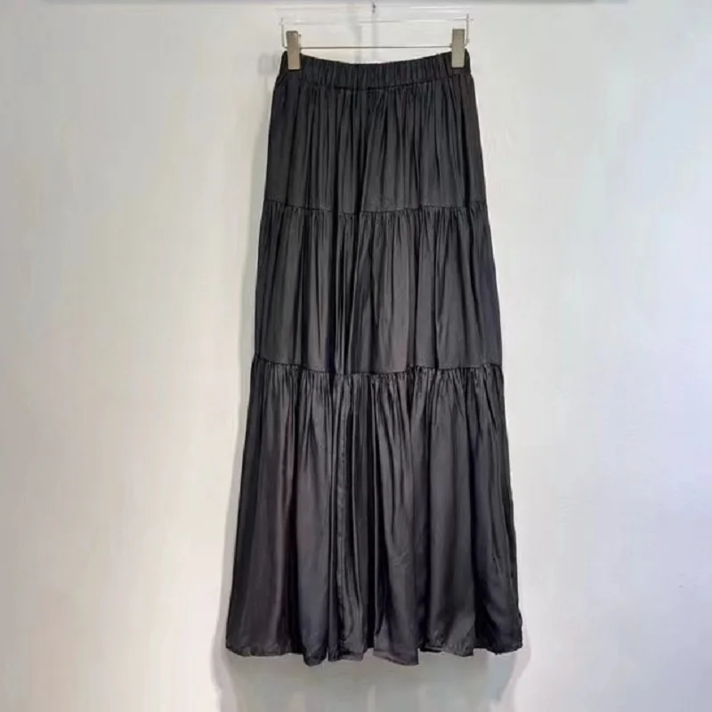 New Arrival 2025 Spring Summer Long Skirts High Quality Ladies Elastic Waist Sweet Pink Black Maxi Long Pleated Skirt Clothing