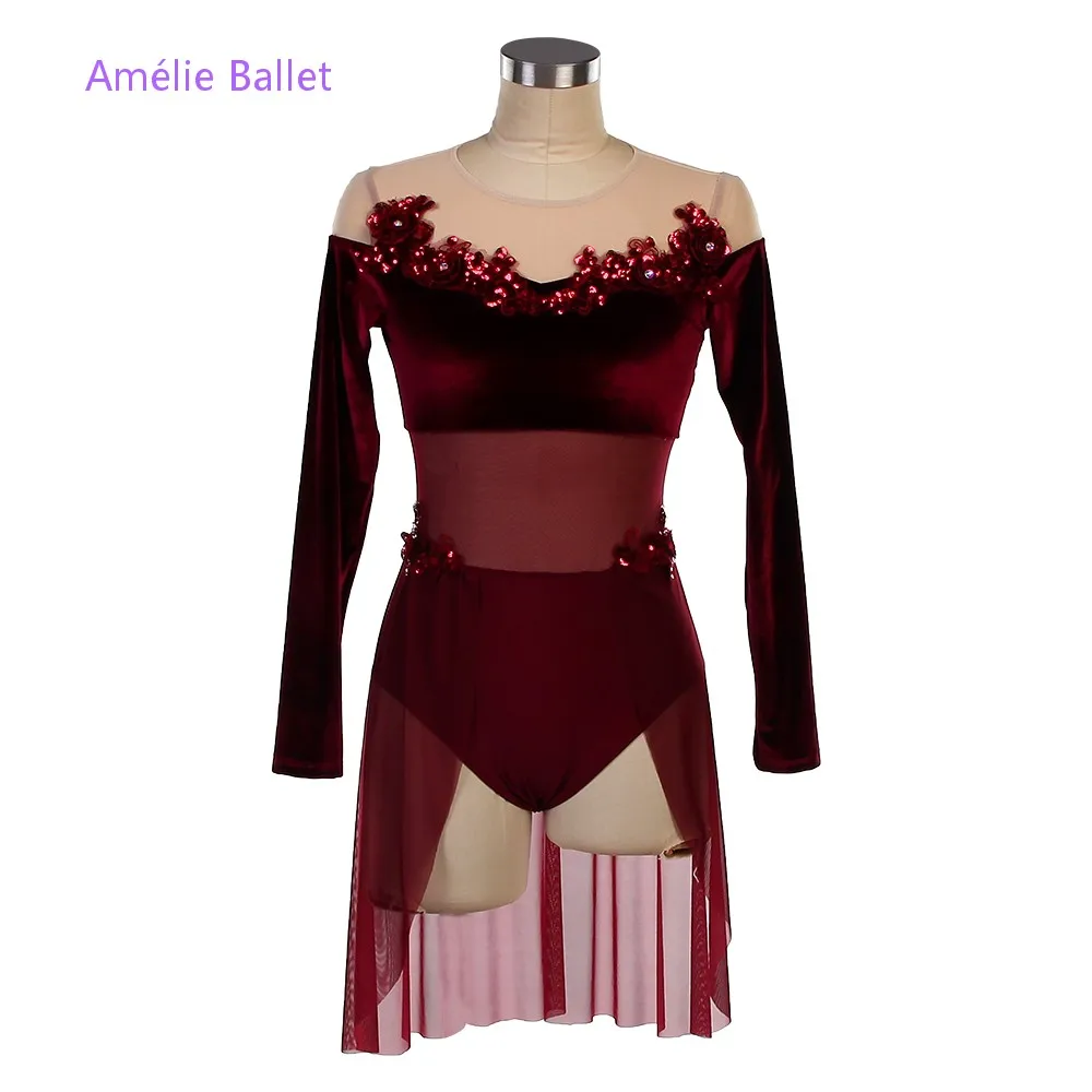 

26061, новый балетный костюм с длинными рукавами, бордовая бархатная балетная пачка для взрослых девочек, лирические и современные танцевальные костюмы