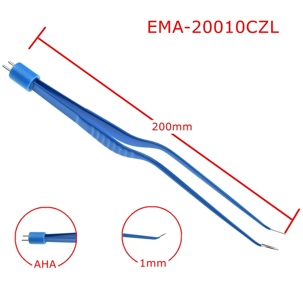 Reusable AHA Blue Bipolar Forceps Bipolar tweezers Curved for Electrosurgical unit，L:20cm ,tip 1mm