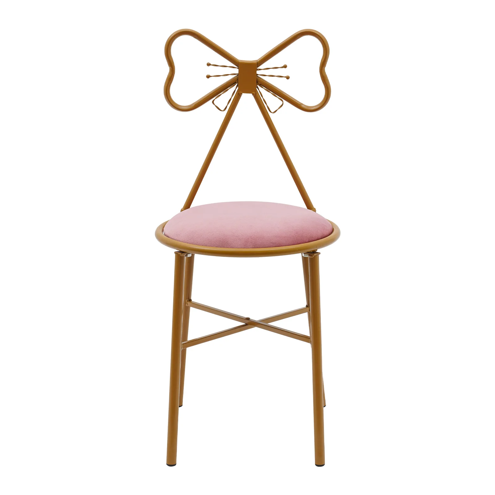 Pink Flannelette Vanity Stool with Back Support, Gold Legs Makeup Stool, Princess Accent Chair, Sturdy Seat for Dining Room, Beauty Salon, Ideal Gift for Women & Girls