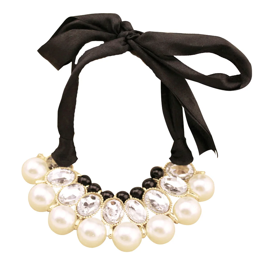 

Charming Women Ladies Imitation Pearl Acrylic Gems Pendant Ribbon Choker Necklace White 90cm 1cm False Collar Necklace