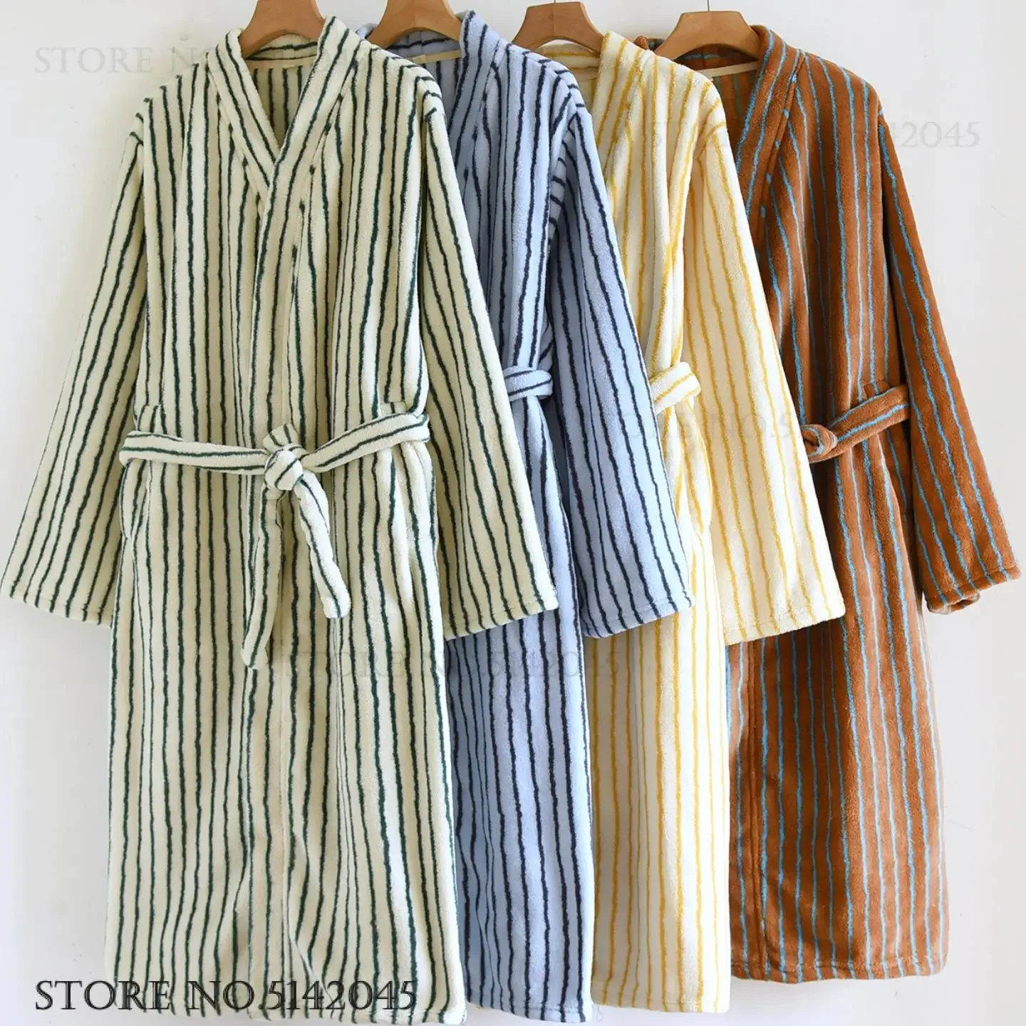 

Новый фланелевой халат для пар, домашняя одежда, осень-зима, новая полосатая одежда для сна из кораллового флиса, кимоно, халат, свободная одежда для дома