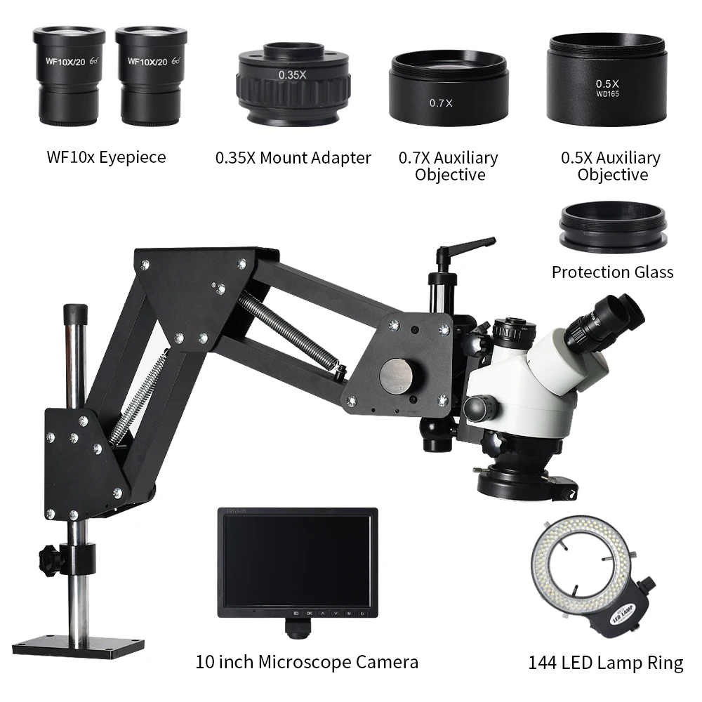 10inch 2K HD Monitor 3.5X-45X Zoom Trinocular Stereo Microscope Spring Bracket Digital Jewelry Microscope Diamond Setting 144