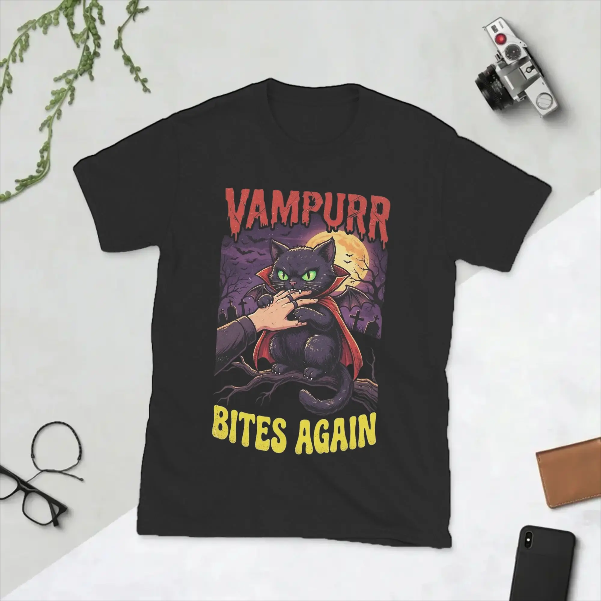 Men Vampurr Bites Again Halloween Vampire Cat T Shirt  Pure Cotton Clothes Funny Short Sleeve Crewneck Tees Plus Size T-Shirts