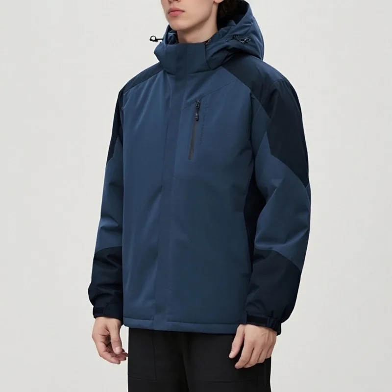 Giacca da uomo in cotone con cappuccio, versatile, spessa, ampia, semplice, con design a blocchi di colore, stile funzionale, giacca di compressione con cappuccio