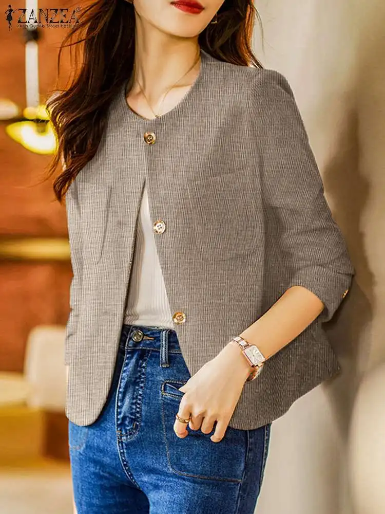 ZANZEA Women Fashion Solid Blazer Women O Neck Long Sleeve Jackets Autumn Casual Coats Suits Outwear Vintage Office Shirt 2023