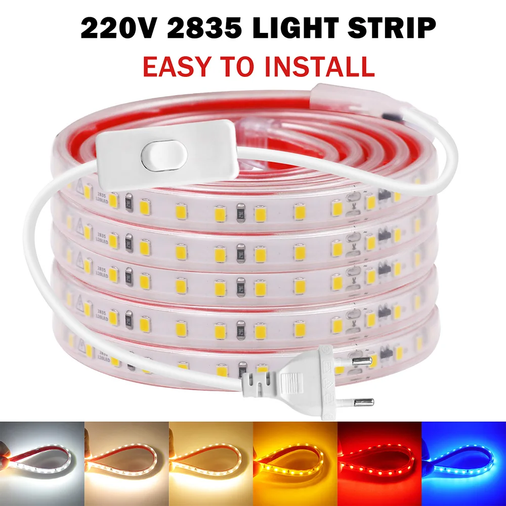 220V 2835 LED Strip Light Switch Power Kit 120LED/m AC 220 V Volt High Brightness Lighting Diode Tape Lamp Flexible Waterproof