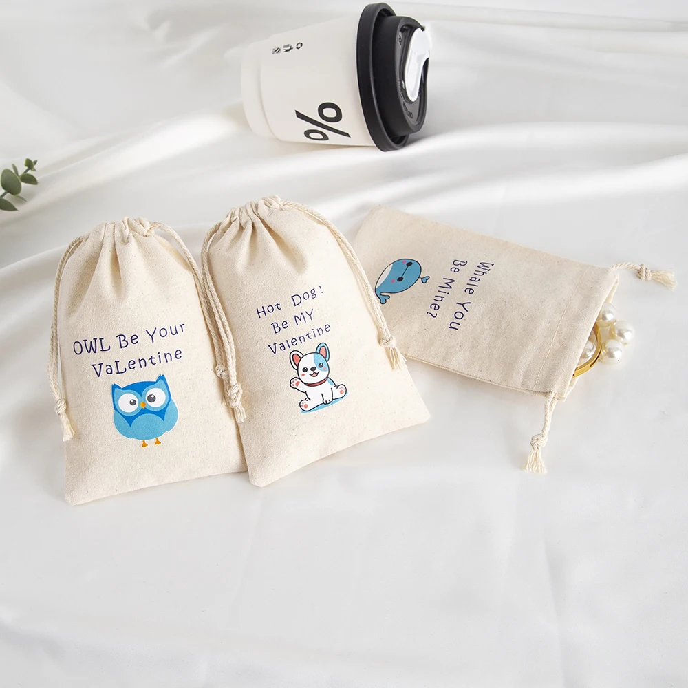 10Pcs Valentine's Day Canvas Treat Bag Burlap Muslin Cotton Children Classroom Exchange Prizes Pouches Candy Gift Jewelry Pocket