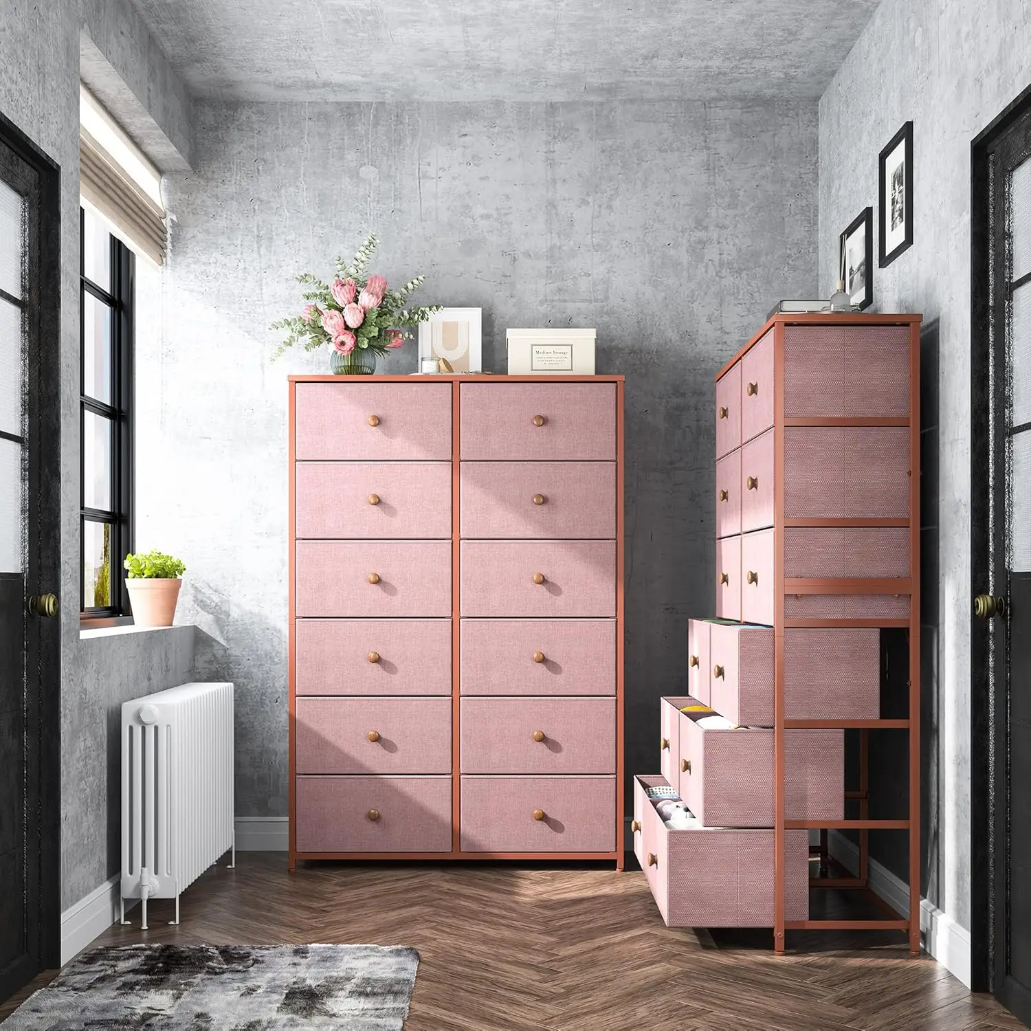 Dresser with 12 Drawers, Tall Dressers for Girls Bedroom with Wood Top Metal Frame, Chest of Drawers for Bedroom, Closets, Pink,