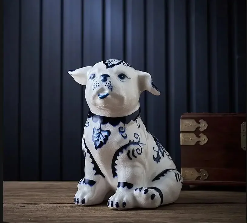 Blue and White Ceramic Dog Ornament Hand Painted Animal Decorations Crafts Statuette Knickknacks Figurines Gift Home Accessories