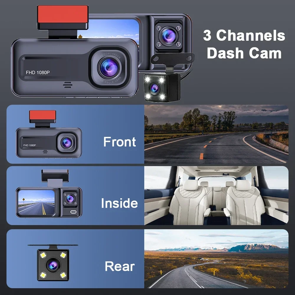 3 قناة سيارة داش كام DVR HD1080P المقصورة داشكام مركبة داش كام كاميرا القيادة مسجل الصندوق الأسود الداخلي 24H شاشة ركن السيارة #3