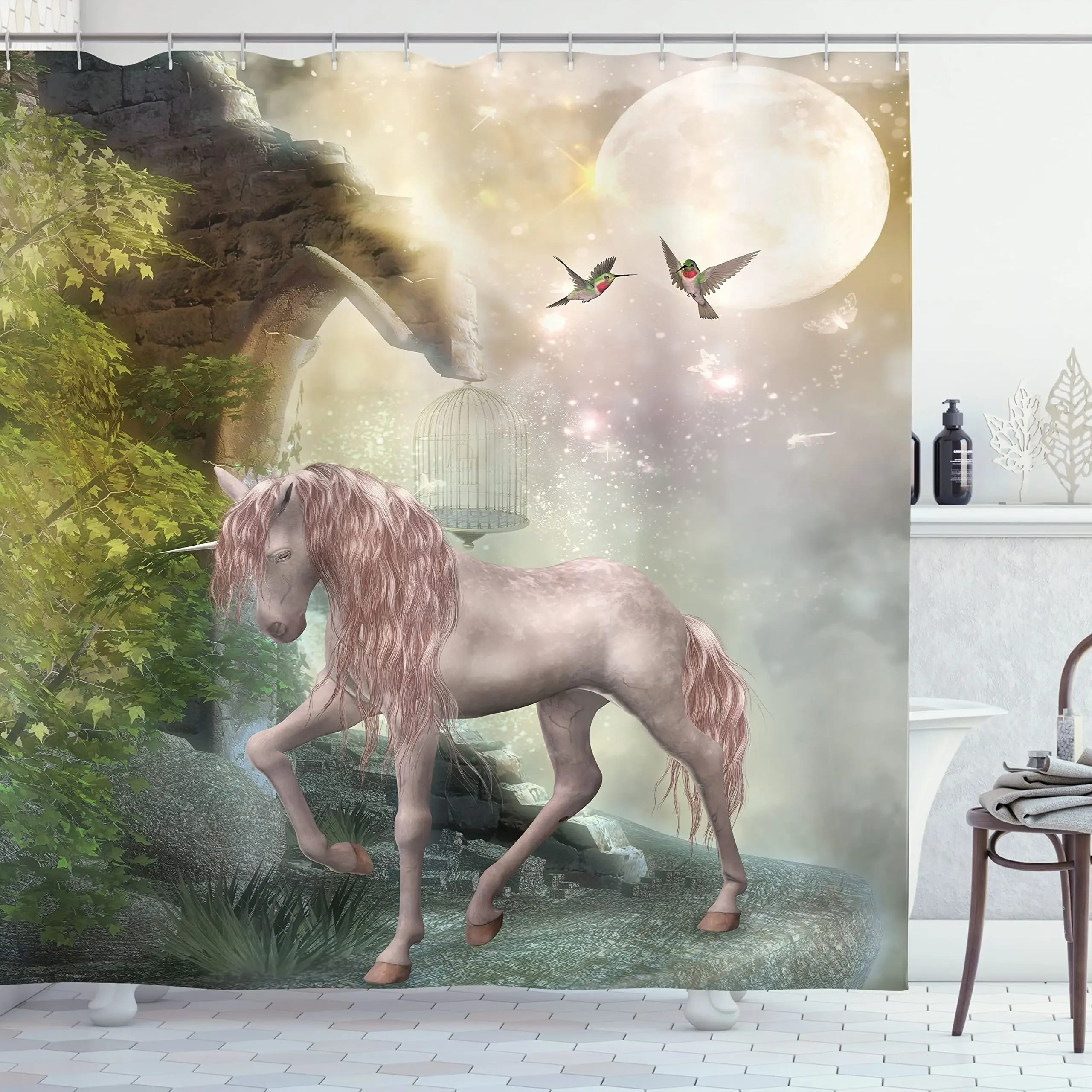 Hummingbirds Shower Curtain,Unicorn Green Spring Leaves Birds Twinkling Star Moon Mystic Fantasy Waterproof Bathroom Screen Sets