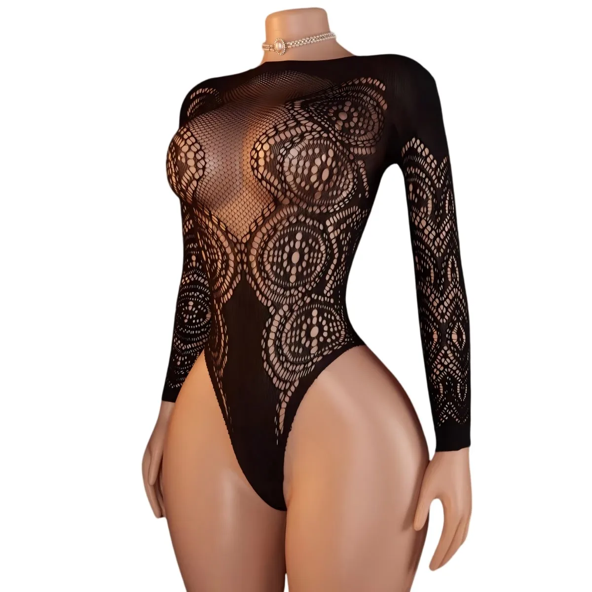 Black Hollow Lace Thin One Shoulder COS Bunny Girl Uniform Seductive And Sexy Imperial Style Long Sleeved See Through Jumpsuit