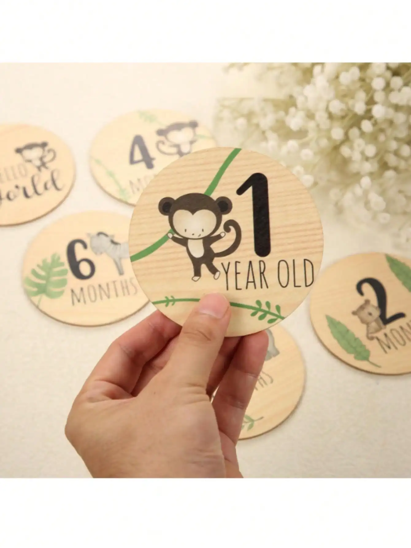 7 Wooden Baby Monthly Milestone Cards Wooden Welcome Newborn Photography Props Month Round Sign Props