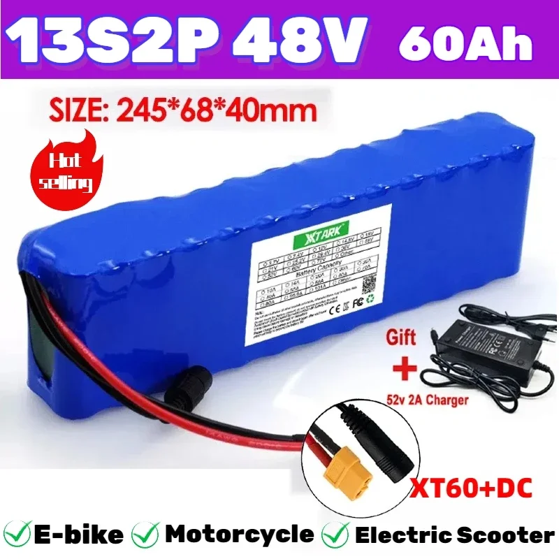 

E-bike battery 48V 60Ah 18650 lithium ion battery pack 13S2P bike conversion kit bafang 1000w and 54.6V2A Charger + XT60/DC Plug