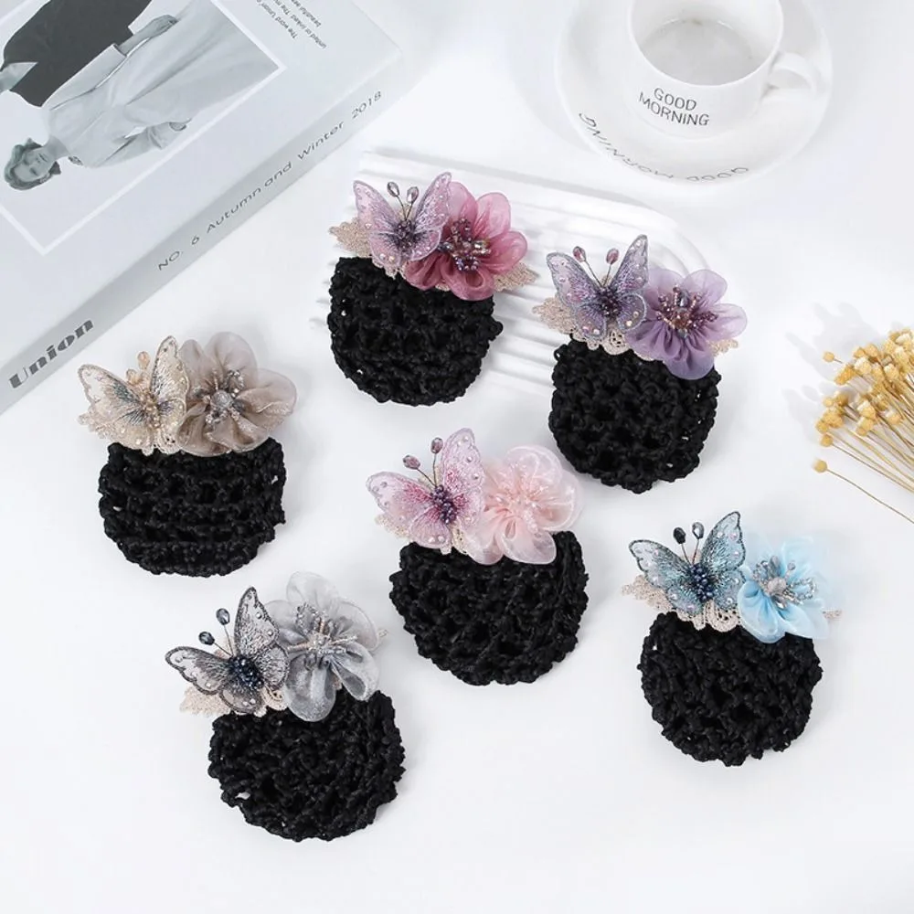 Flight Attendant Mother's Day Flower Bun Net Snood Women Hairpin Korean Style Headdress Flower Butterfly Spring Clip