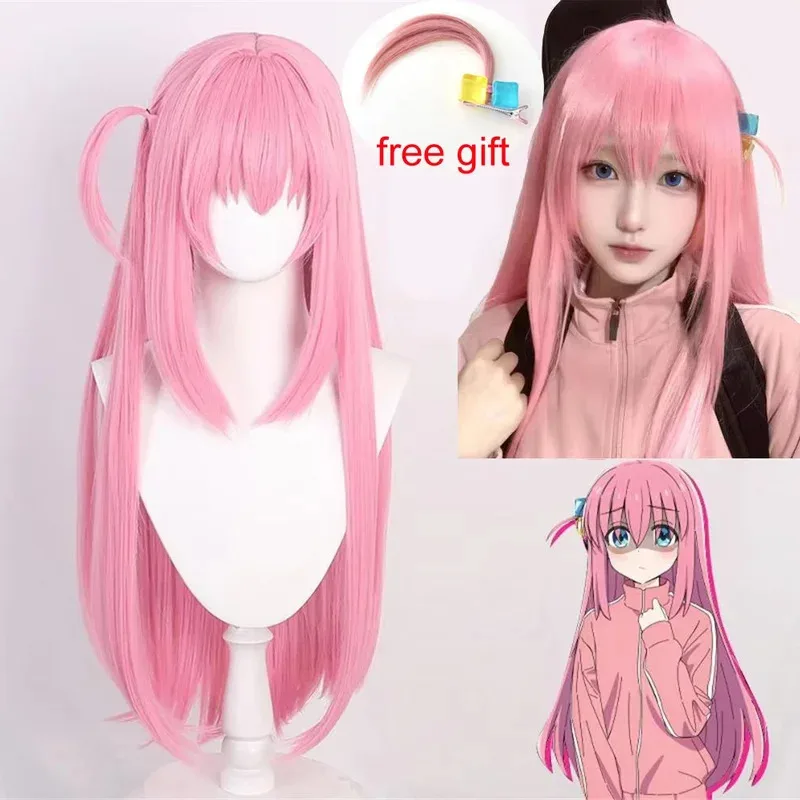 CyCosplay GotohHitori Lonely Rock 핑크 롱 스트레이트 합성 가발 귀여운 소녀 애니메이션 코믹콘 코스프레 가발 일상 파티용