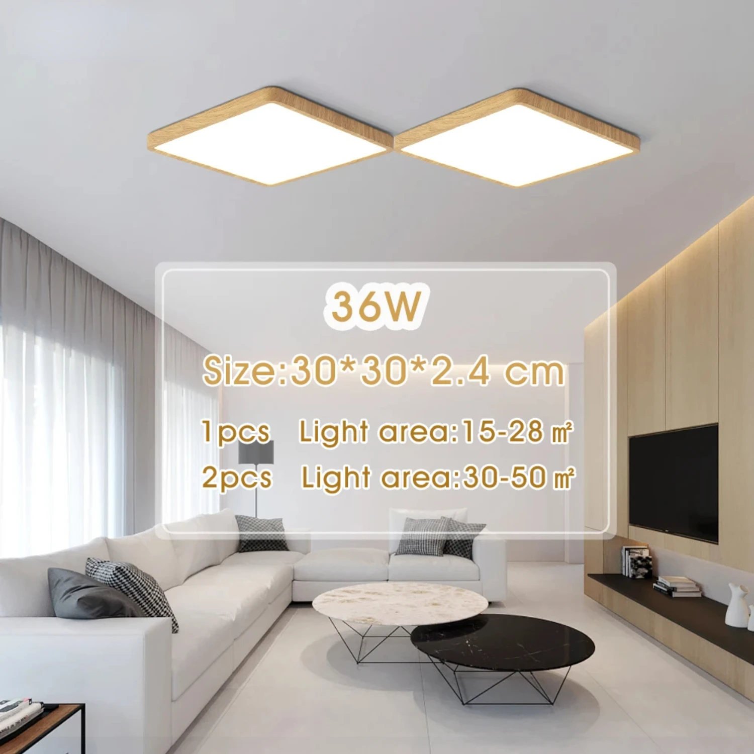 New Smart Square LED Ceiling Lamp - Wood Grain Finish - Voice Control - Remote & App - Adjustable CCT - Contemporary Living Room