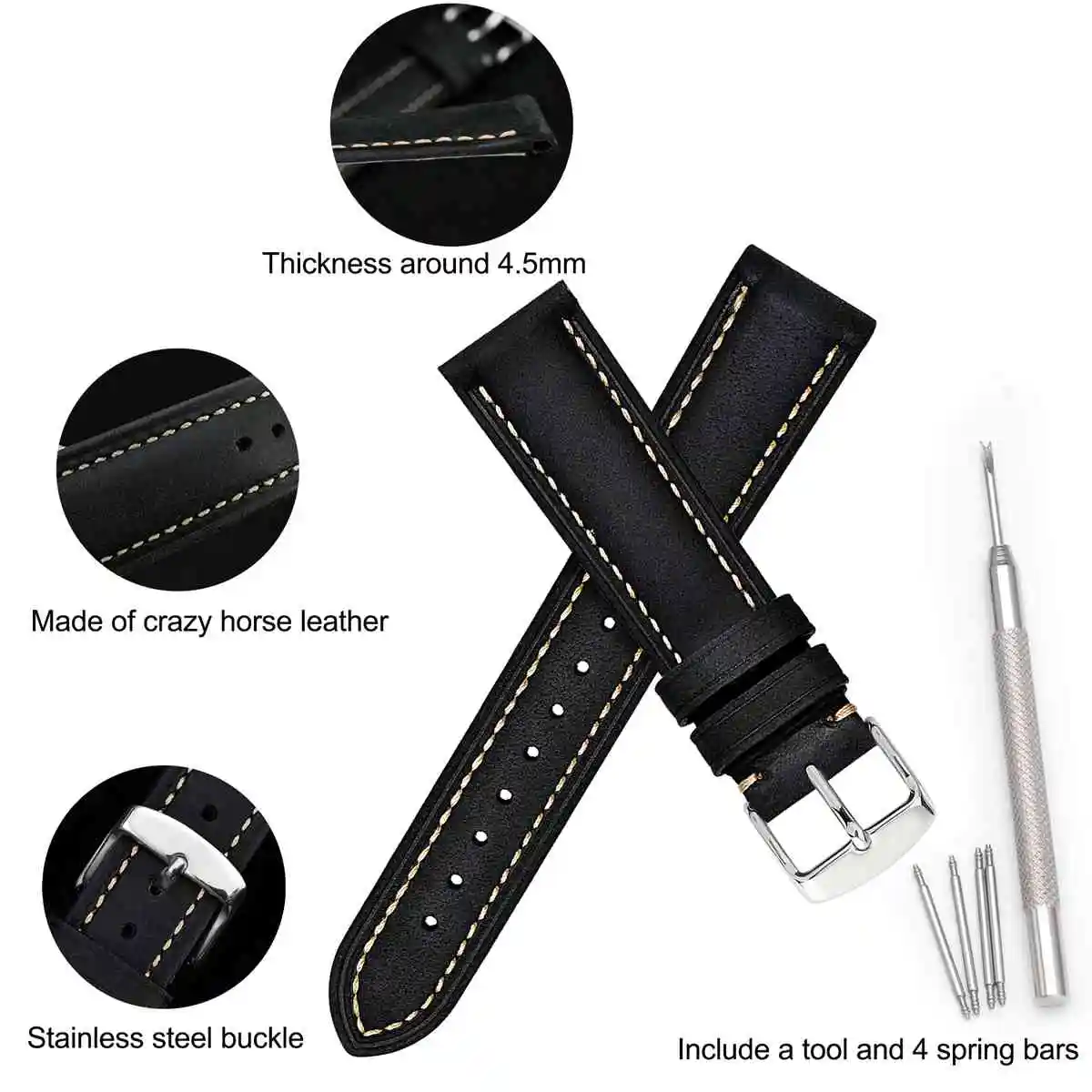 WOCCI Retro Cowhide Watch Band,Natural Crack,18mm 19mm 20mm 21mm 22mm,Black Brown Grey with Stainless Steel Buckle