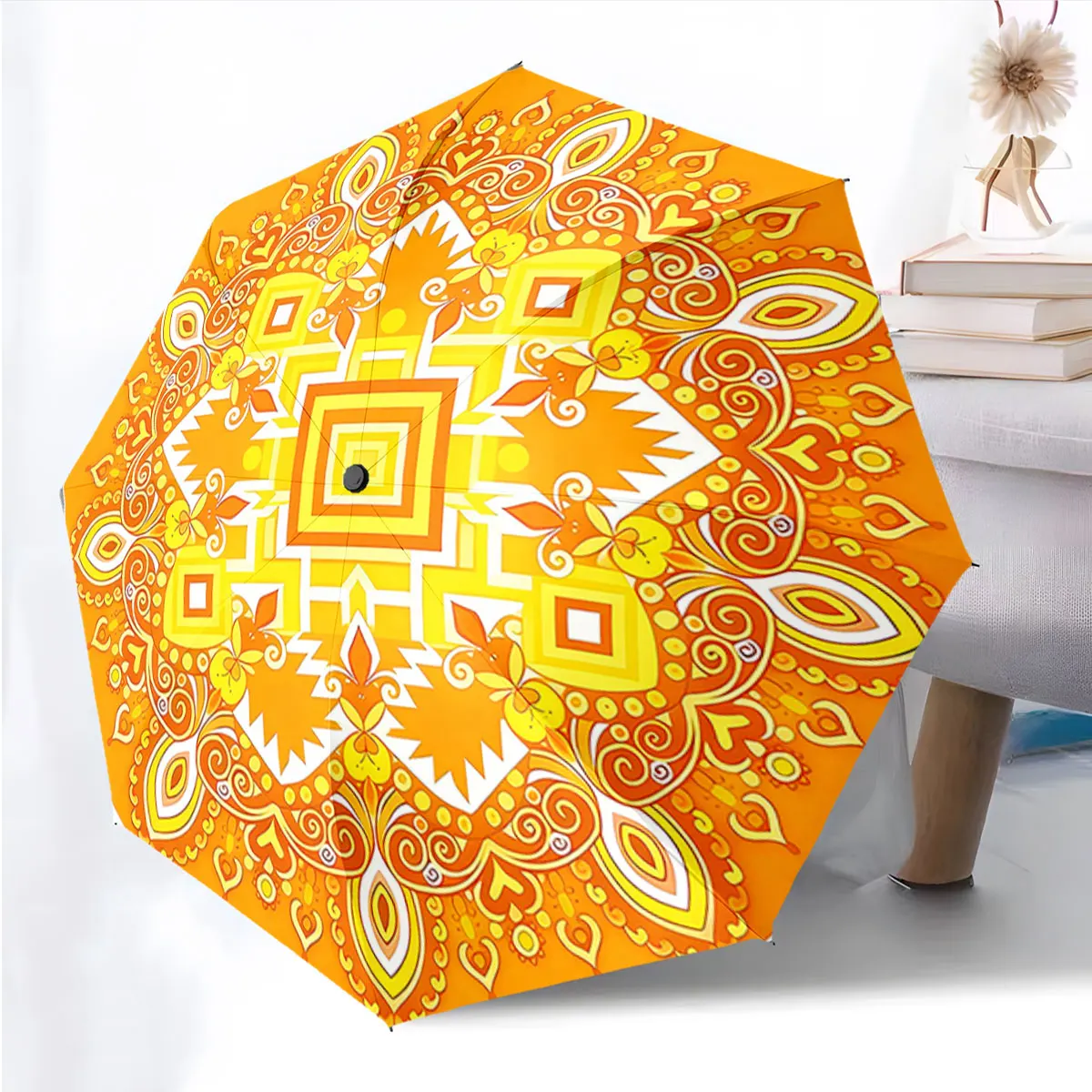 1PC Bold Geometric Design on Vibrant Orange Umbrella Print 8 Iron Ribs Folding Umbrella Auto-Open Fashion Sunshade