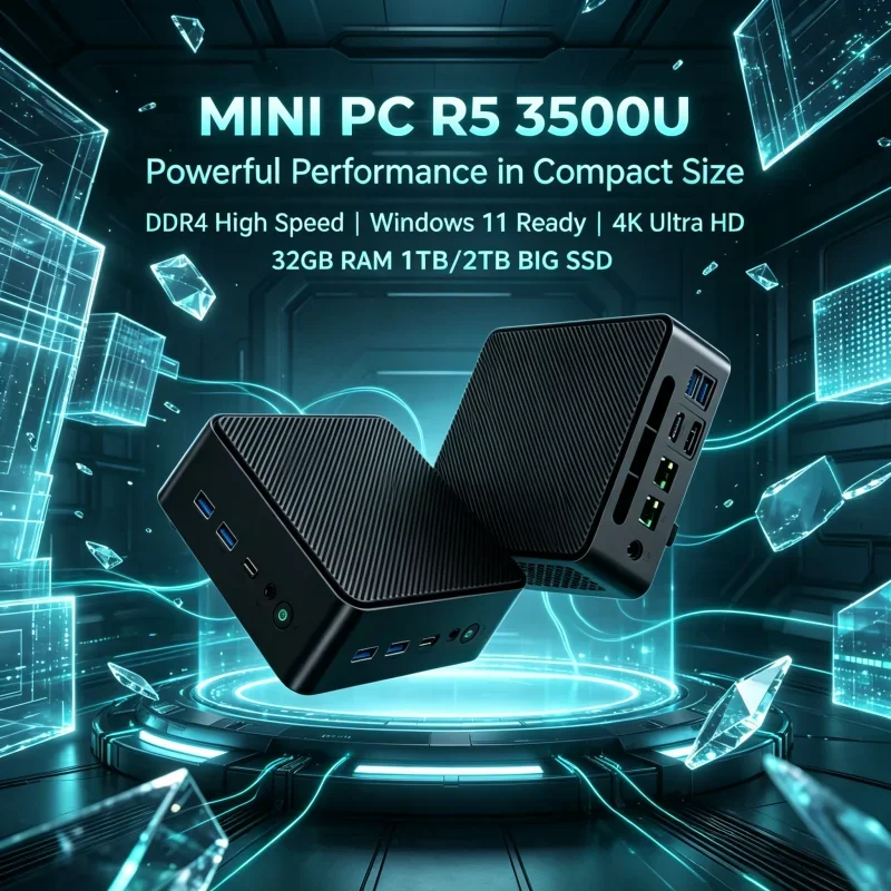 Fashion Light LENO Mini Desktop AMD Ryzen5 3500U 32GB DDR4 RAM 2TB M.2 SSD Win11 4K HDMI DP Portable Daily Office Mini PC