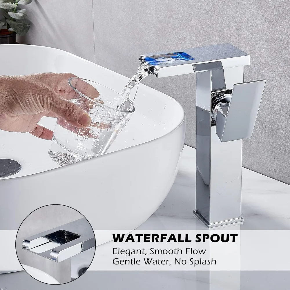 Chrome Waterfall Vessel Sink Faucet with One Hole Handle, Pop-Up Drain, No Overflow, Basin Supply Line Included, Long Tail Keywo