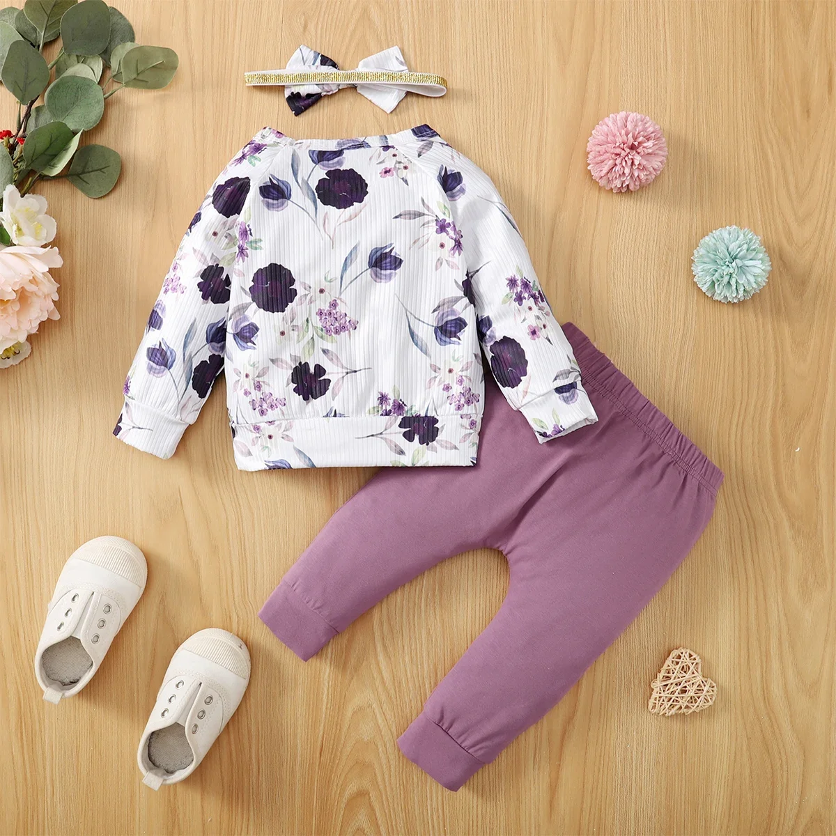 PatPat 3pcs Baby Girl 95% Cotton Pants and Allover Floral Print Rib Knit Long-sleeve Pullover with Headband Set Basic Style