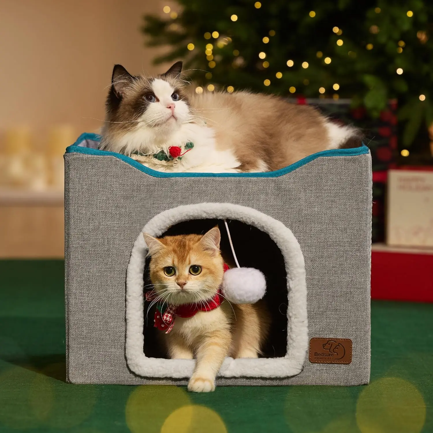 

Large Foldable Cat Bed with Scratch Pad & Hanging Ball, 16.5x16.5x13 in, Grey