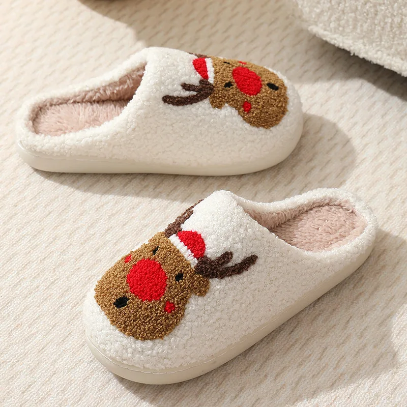 Couple Winter Christmas Cotton Slippers Women Men Non-Slip Soft Sole Indoor Shoes Warm Home Slippers Ladies Gents Holiday Casual