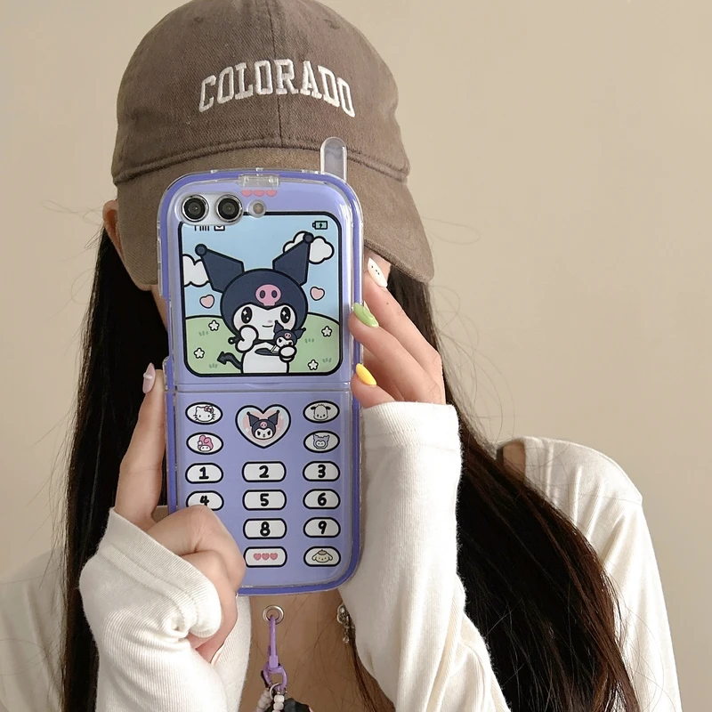 3D Cute Cartoon Sanrio Kuromi  Melody Phone Case For Samsung Galaxy Z Flip 6 5 Soft TPU Cover For Z Flip 3 4 With Lanyard