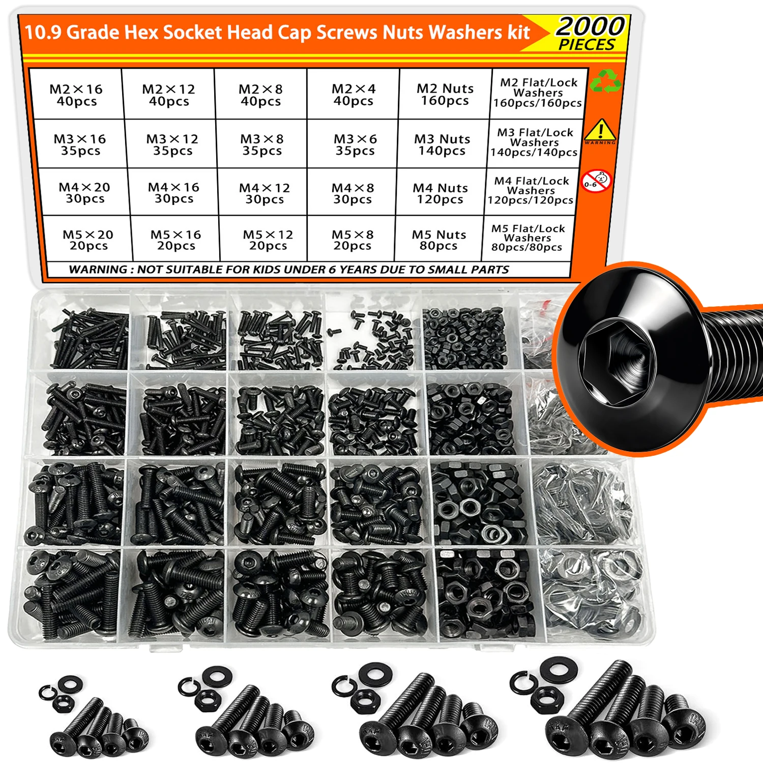 2000pcs M2-M5 Hex Button Head Screw Kit, Metric Bolts Nuts with Lock Flat Washers, 10.9 Alloy Steel Fastener Set in Storage Box