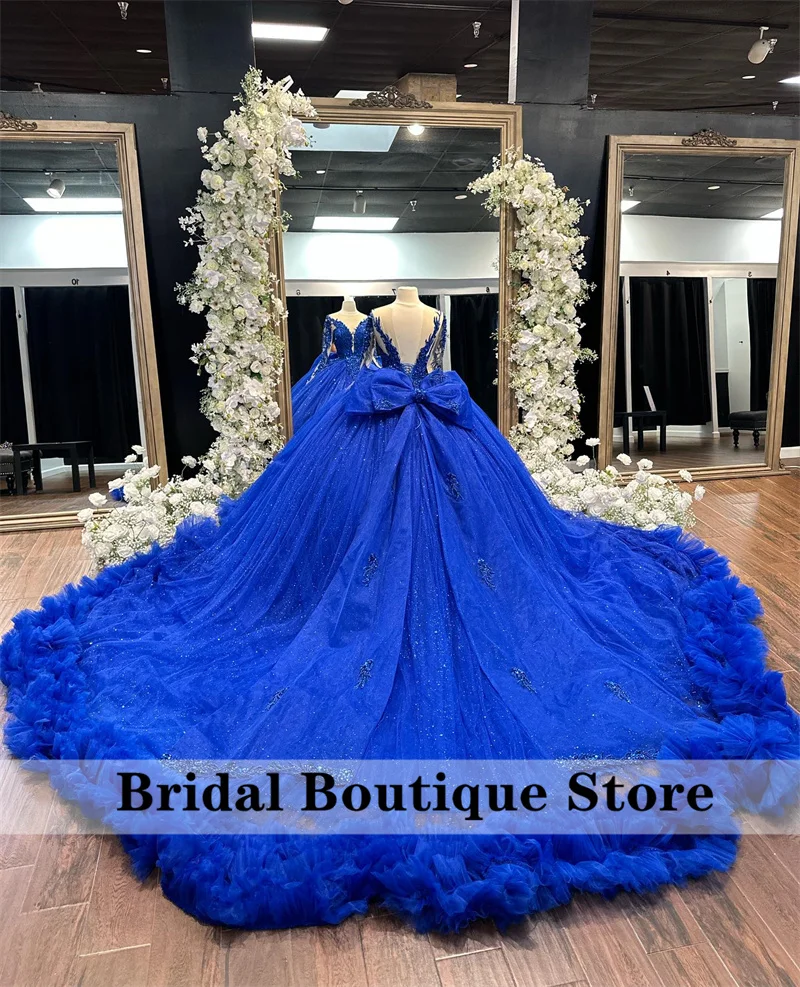 Royal Blue Ball Gown Quinceanera Dresses 2024 With Big Bow Beads Birthday Party Sweet 16 Dress Wedding Gown Customized