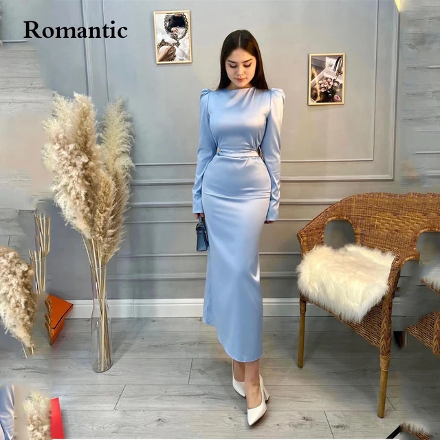 Modest Prom Dresses Sleeves | Modest Prom Dresses Blue Size - Blue Satin  Evening - Aliexpress