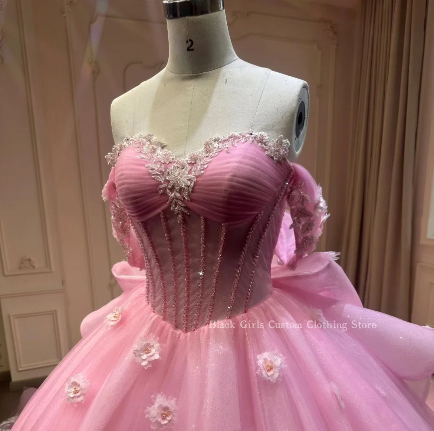 Vestidos de fiesta de princesa rosa de ensueño, vestidos de quinceañera, precioso vestido Floral 3D con apliques de tren catedral, vestido personalizado de 15 años