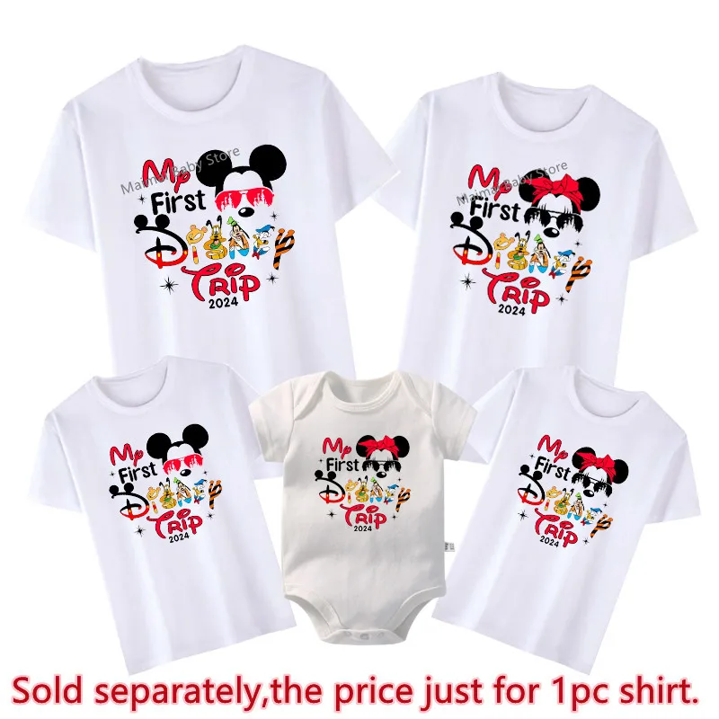 New My First Disney Trip 2024 Family Matching Tshirts Mickey Minnie Mouse Funny Look Dad Mom Kids Matching Outfits Tops Clothes