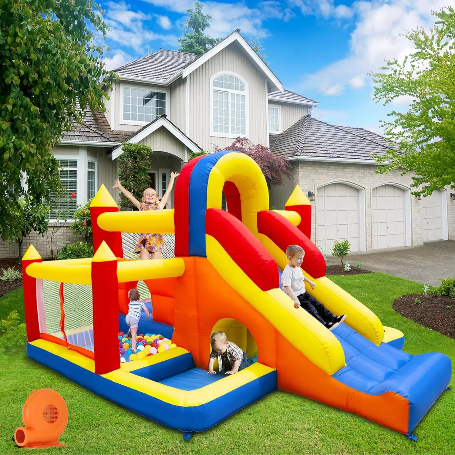 

Bounce House, надувной Bounce House для детей от 3 до 10 лет, детский Bounce House с длинной горкой, яма для мячей/бассейна, препятствия