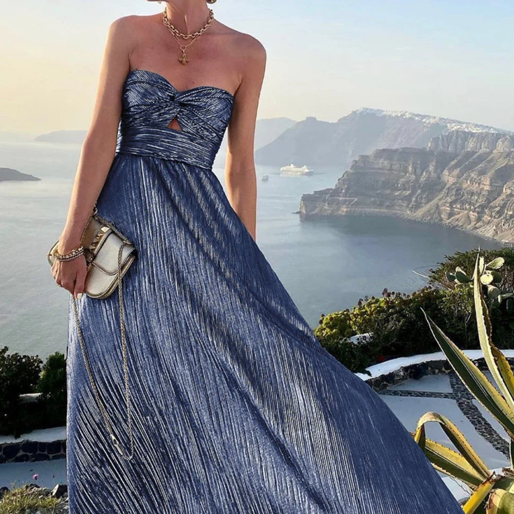 Robe longue évidée sans bretelles sexy pour femmes, robe bohème élégante, robe bronzante, mode de soirée en fibre, robe trapèze, 2024