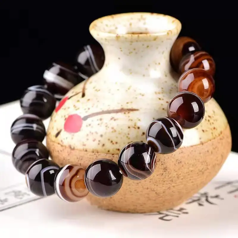 Natural Silk Wrapped Agate Round Beads Single Ring Hand String Men's and Women's National Style Bracelet Jewelry