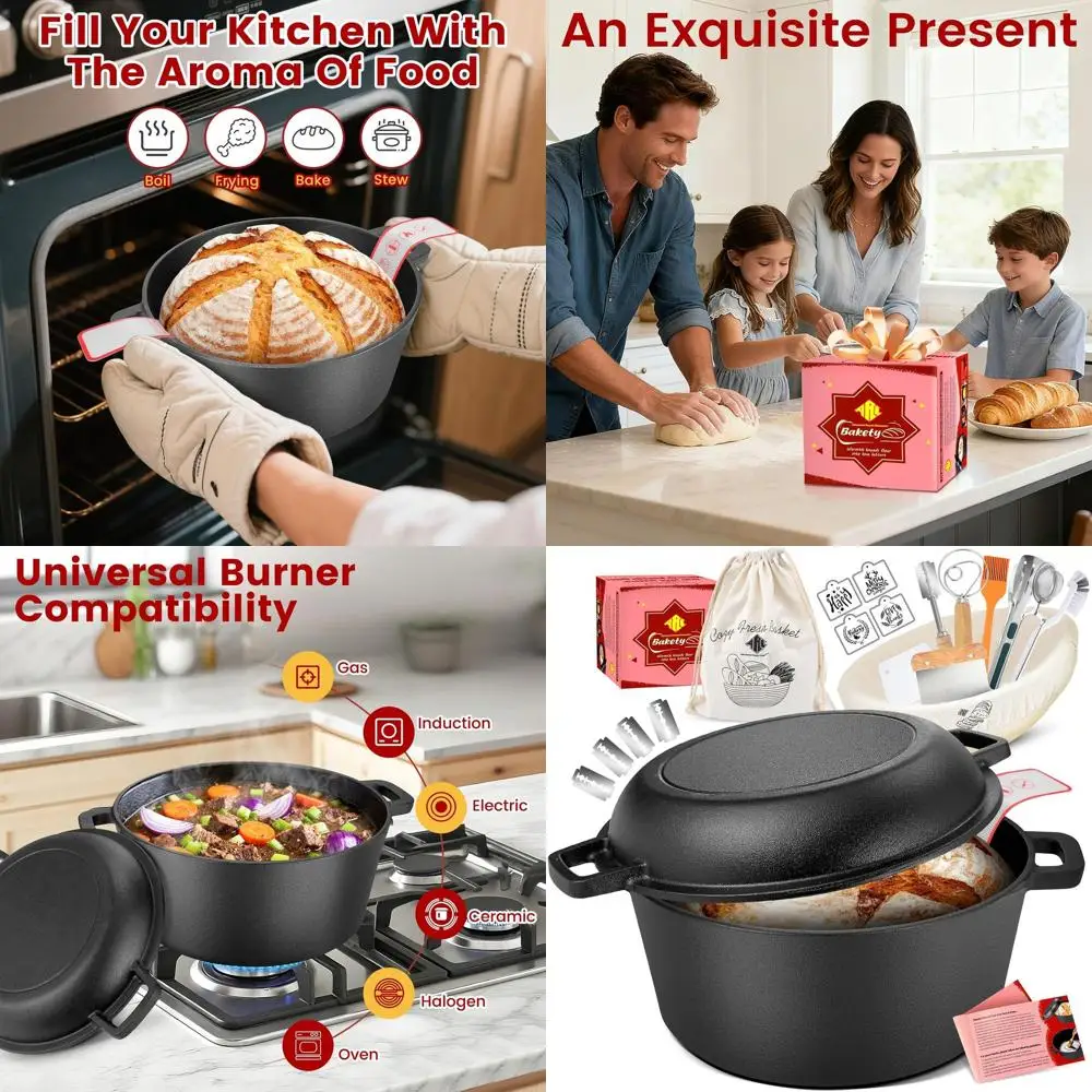 

Чугунная жаровня/хлебница на 5 кварт с крышкой-сковородой, набор для приготовления закваски для хлеба, включающий корзину для расстойки и лезвием для разрезания теста, универсальный.