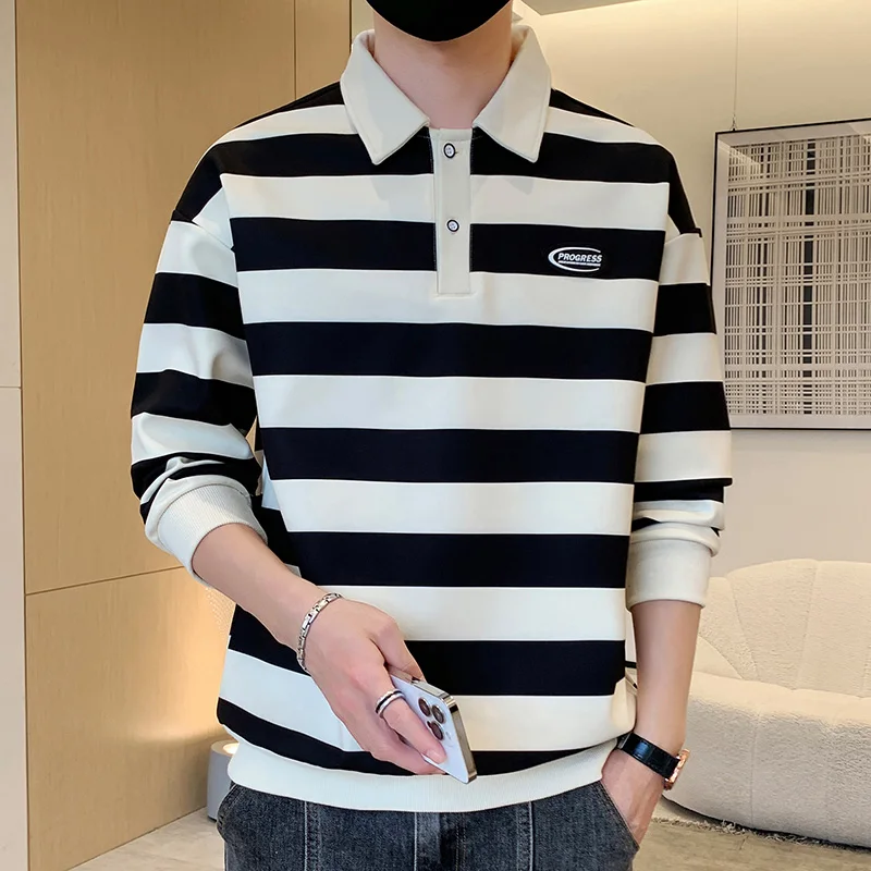 Commute Basic Striped T-shirts Spring Autumn Polo-Neck Button Men\'s Clothing Long Sleeve Korean Patch Designs Loose Polo Shirts