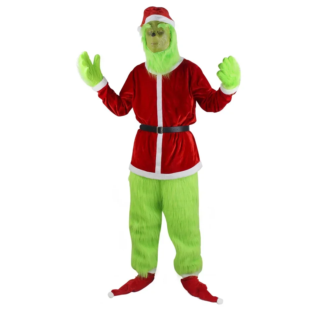 2026Cosplay Costumes Green Thief Plush Mask Pants Gloves Red Santa Claus Hat Tops Socks Holiday Set Xmas Gift view 3