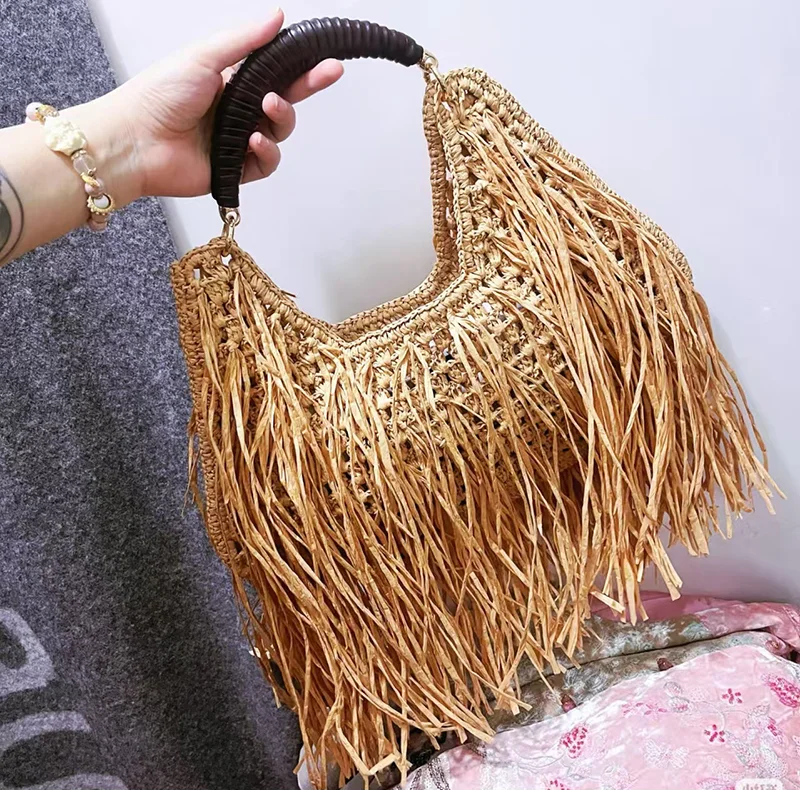 

Bohemian Fringe Straw Tote, Large Capacity Summer Beach Handbag With Elegant Short Handle, French Casual Underarm Bag For Women