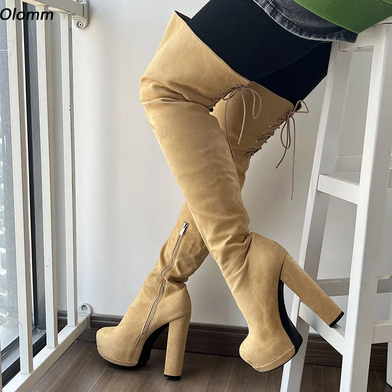 

Olomm Handmade Women Winter Thigh Boots Platform Chunky Heels Round Toe Beautiful Apricot Club Shoes Plus US Size 5-20