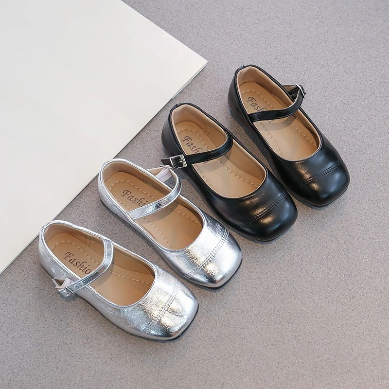 

Kids Mary Janes Girls Soft Flats Silver Black Color Narrow Square Toes Comfortable Children School Party Wedding Shoes 26-37 New